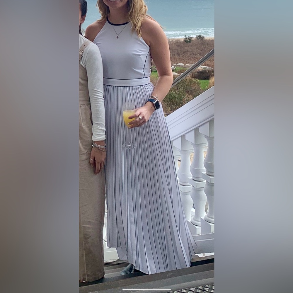 Beautiful white maxi dress with pleated navy trim